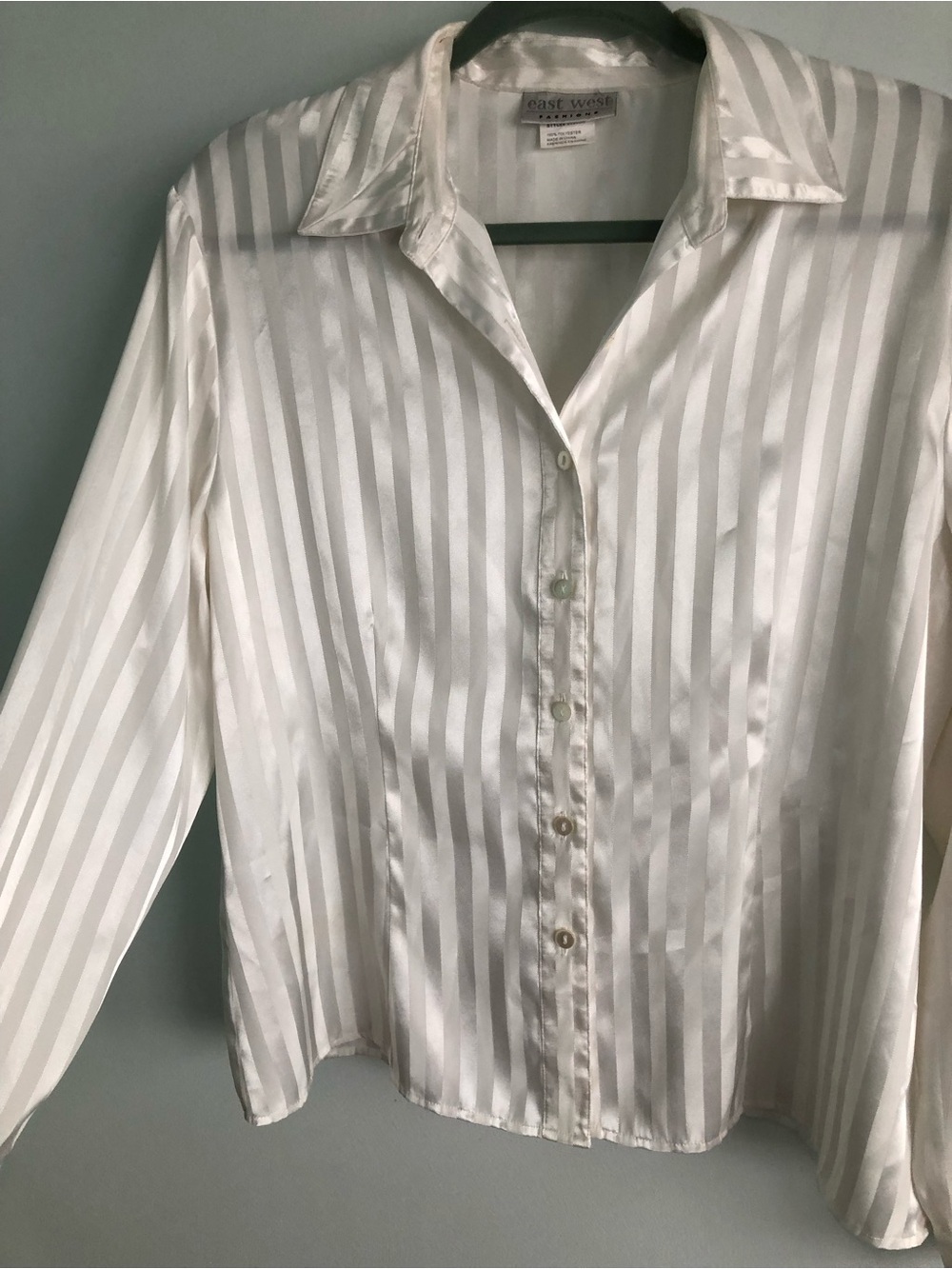 90s Y2K East West Fashion Satin Stripe Button-Up Blouse in Ivory